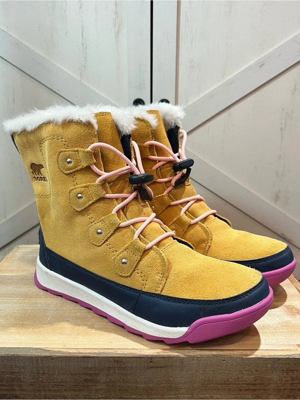 SOREL Youth Whitney II Joan Lace Waterproof Suede Winter Snow Boots Tan Pink 5